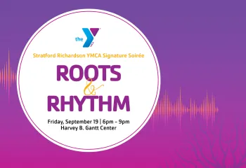 Roots & Rhythm - YMCA Event at Stratford Richardson Y. Text title displayed in a white circle on a purple to magenta gradient background.