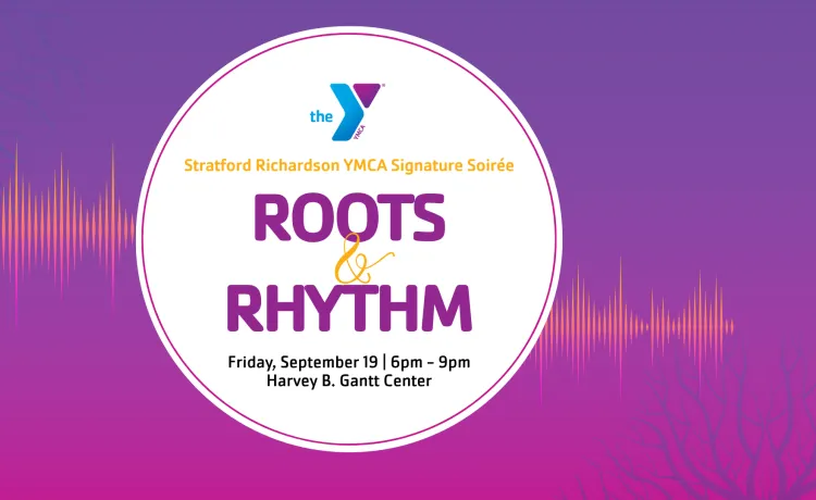 Roots & Rhythm - YMCA Event at Stratford Richardson Y. Text title displayed in a white circle on a purple to magenta gradient background.
