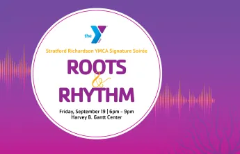 Roots & Rhythm - YMCA Event at Stratford Richardson Y. Text title displayed in a white circle on a purple to magenta gradient background.